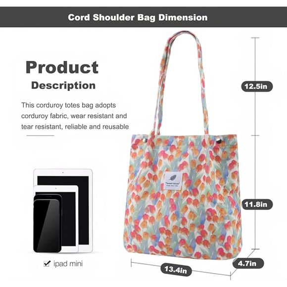 Women Tulip Imported Corduroy Small Canvas Shoulder Handy Inner Pocket Tote Bag - Picture 3 of 4